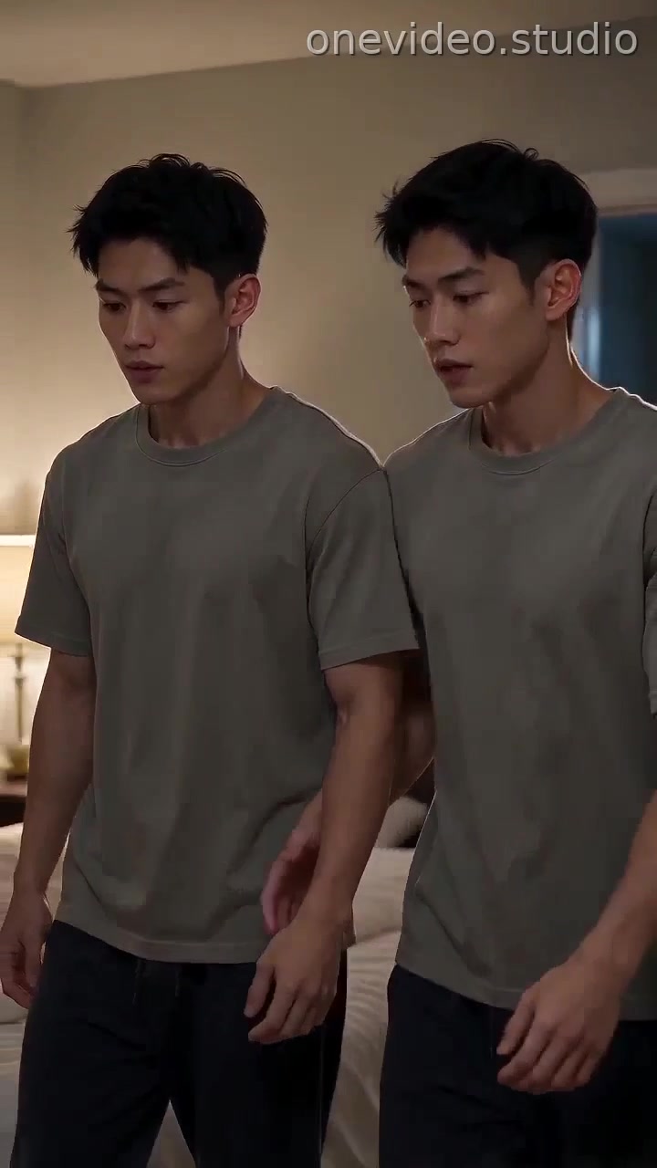 Two men walking to bed hug and