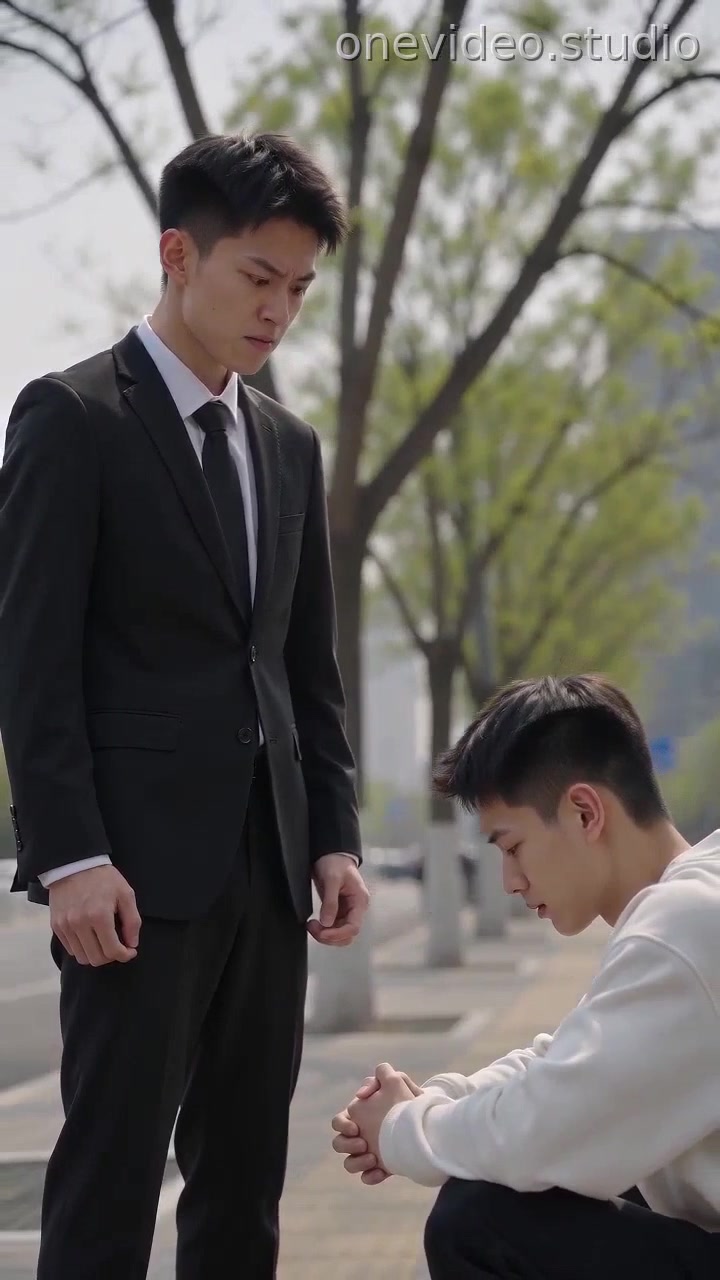 两名18岁大学男孩在中国城市街头的春日环境中，一