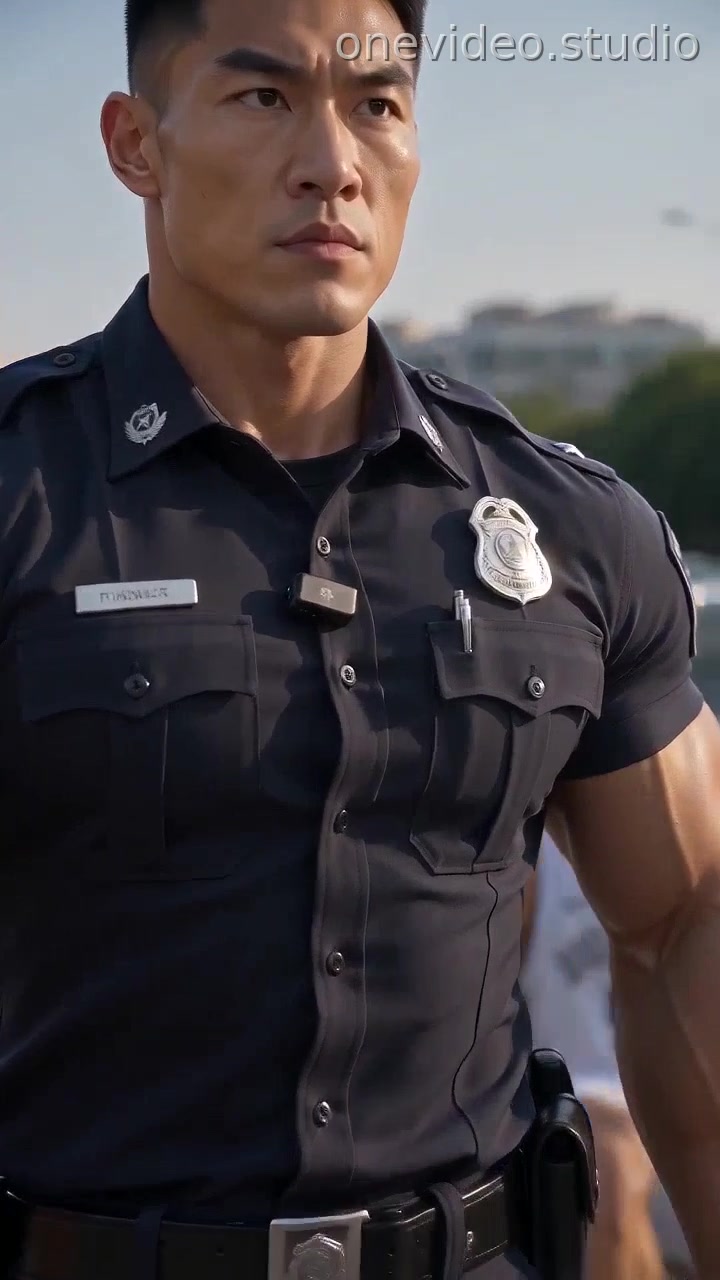 一个肌肉中年强壮穿制服的警察看到路边有一